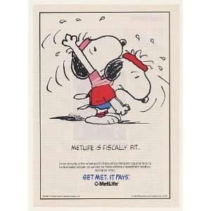 1990 Peanuts Snoopy Exercising Met Life MetLife Insurance Print Ad 