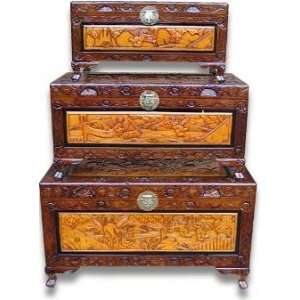   Carved Keepsake Chest Set of Three Hand Carved Chests