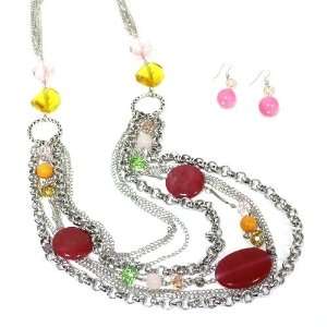 Long Layered Necklace Set; 32L; Polished Silver Metal; Fuchsia And 