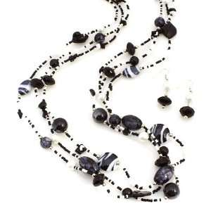 Long Layered Necklace Set; 32L; Black And White Beads; Lobster Clasp 