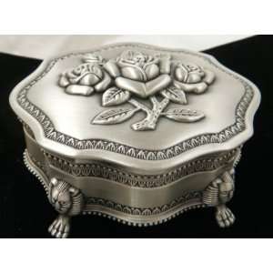    Pewter Metal Jewelry Box With Beautiful Roses 