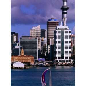 Sailboat with City in Background, Auckland, New Zealand Photographic 