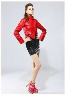 New Woman zip Cropped PU leather Biker Jacket red Black  