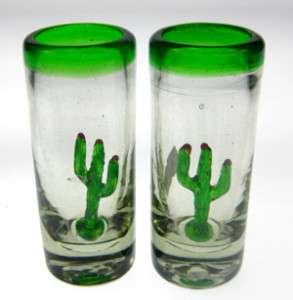 Mexican Tequila Shot Glasses Green Saguaro Cactus  