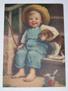 Annie Benson Muller Print Little Boy, Fishing Pole with Puppy Vintage 
