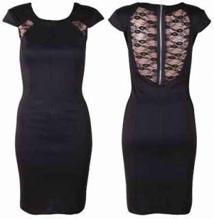 NEW LADIES BLACK LACE PANEL PONTE WOMENS BODYCON STRETCH ZIP FITTED 