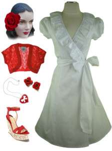 50s Style WHITE Ruffle Neck Puff Slv PINUP Wrap Dress  