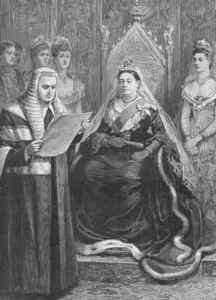 QUEEN VICTORIA Opening PARLIAMENT. Old print. 1886  