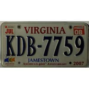    Virigina Jamestown Americas 400th License Plate 