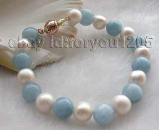 Natural 10mm White Pearl Green Aquamarine Necklace Bracelet Earrings 