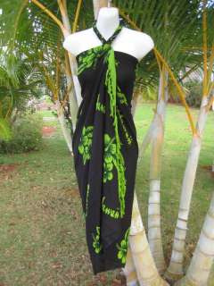 Sarong Black w/ Green Hibiscus Hawaiian Wrap Dress  