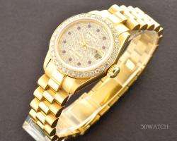 LADIES ROLEX DATEJUST 18K GOLD PAVE DIAMOND AND RUBY WATCH WITH PAPER 