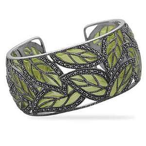  Sterling Silver Marcasite and Green Epoxy Cuff Bracelet 