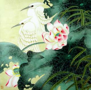   Art Asian Chinese watercolor brush painting Birds and Lotus  