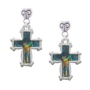 Abalone Shell Cross   Two Sided   Silver Plated Mini Heart Charm 