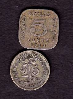 CEYLON SILVER COINS, 25 CENT 1922,5 CENT 1912,XF  