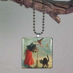 Old Witch & Black Cat Glass Tile Necklace Pendant 290  