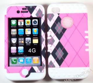  Silicone Rubber+Cover Case for APPLE iPhone 4 4S WT/Plaid Pink/GY