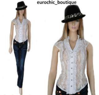   Sexy See Through Floral Lace Ruffle Detail Button Down Blouse  