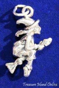 WITCH ON BROOM 3D HALLOWEEN .925 Sterling Silver Charm  