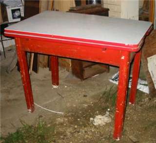 Enamel Topped Kitchen Table vintage 50s Red Paint Orig  