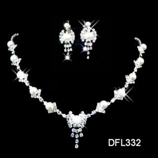 Wedding Bridal Pearl crystal necklace earring set 332  