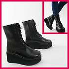 Lady Black Leather Military Combat Mid Calf Cushioned Wedge Women 