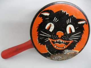 Vintage Halloween Kirchhof Noisemaker Cat Graphic Wood Handle  