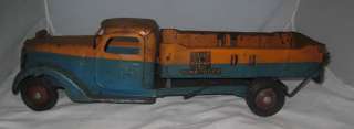 1930s BUDDY L RIDE EM DUMP TRUCK 21 LONG ORANGE & BLUE PRESSED STEEL 