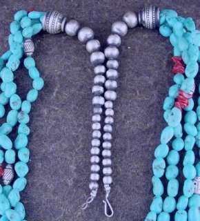 Navajo Sterling Silver Turquoise Coral Bead Necklace  