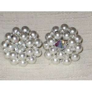   White & Crystal Beaded Cluster 1 Inch Clip On Earrings   Made In Japan