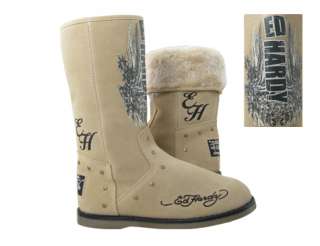 NEW WOMENS ED HARDY MONTANA WINTER BOOTS SHOES SUEDE FUR BROWN TAN 5 
