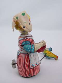 Rare TPS Japan Girl Feeding Chickens Wind up Tin Toy  