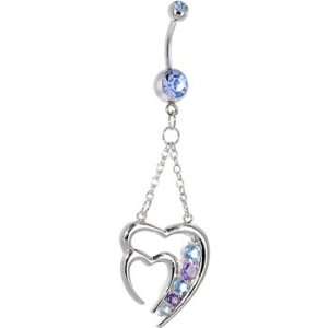  Solar Blue Gem Twin Hearts Chain Drop Belly Ring Jewelry