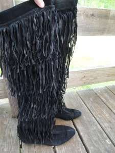Two Lips 8 1/2 Black Genuine Suede Boots Well Worn Fringe Over the 