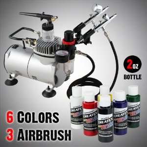  New 3 Airbrush Kit 6 Colors Createx Primary Set, Air Compressor 
