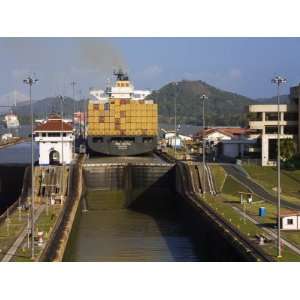 Container Ship in Miraflores Locks, Panama Canal, Panama, Central 