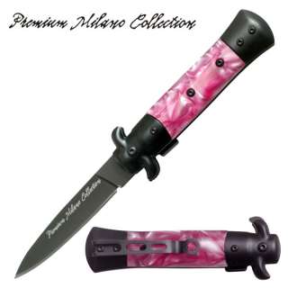 Black Stiletto Style Spring Assisted Knife   Pink Handle T675PKB 