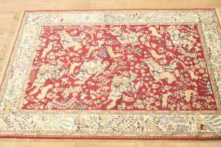 New Red Hunting Design 100% Silk Gum Ghom Persian Oriental Area Rug 