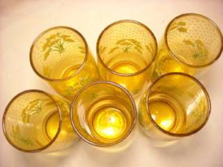   12 OZ. WATER GLASSES WHITE & YELLOW DAISYS ON AMBER GLASS  