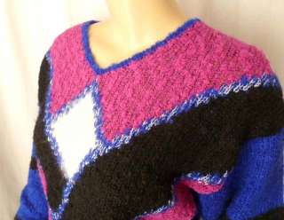 80s Vintage Fuzzy Sweater Purple Blue Black Geometric Angora Abstract 
