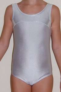 YOUTH GYMNASTIC LEOTARD WHITE HOLOGRAM WITH SILVER SPANDEX NWOT  