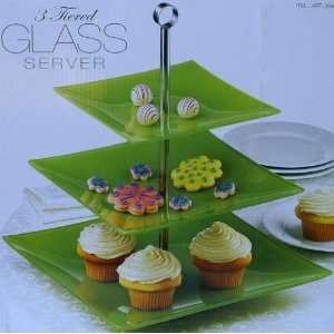 Tiered Glass Server Green Dessert Appetizer Server Trays  