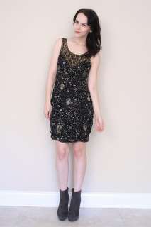   Black GOLD Sequin Leaf BEADED Glam Trophy Mini Party Dress S M  