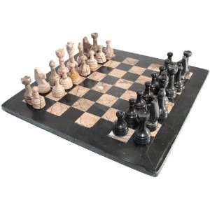  16 Marina and Black Marble Chess Set with Black Border 