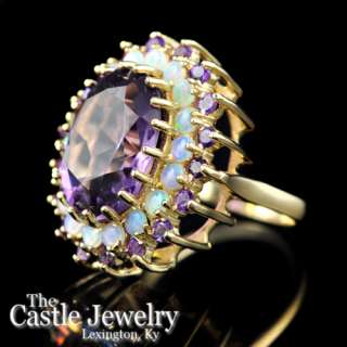 LDS LARGE OVAL AMETHYST OPAL COCKTAIL CLUSTER RING YG  