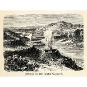 1879 Wood Engraving Geyser River Waikato New Zealand Landscape Art 
