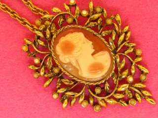 SIGNED ACT 2 CELLULOID CAMEO SEED PEARL VINTAGE 24 GOLD TONE NECKLACE 