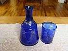 Vintage Cobalt Blue Bedside Water Decanter and Glass With Etched 