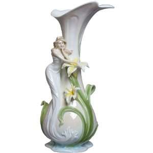  Woman and Yellow Lily Flower Porcelain Vase